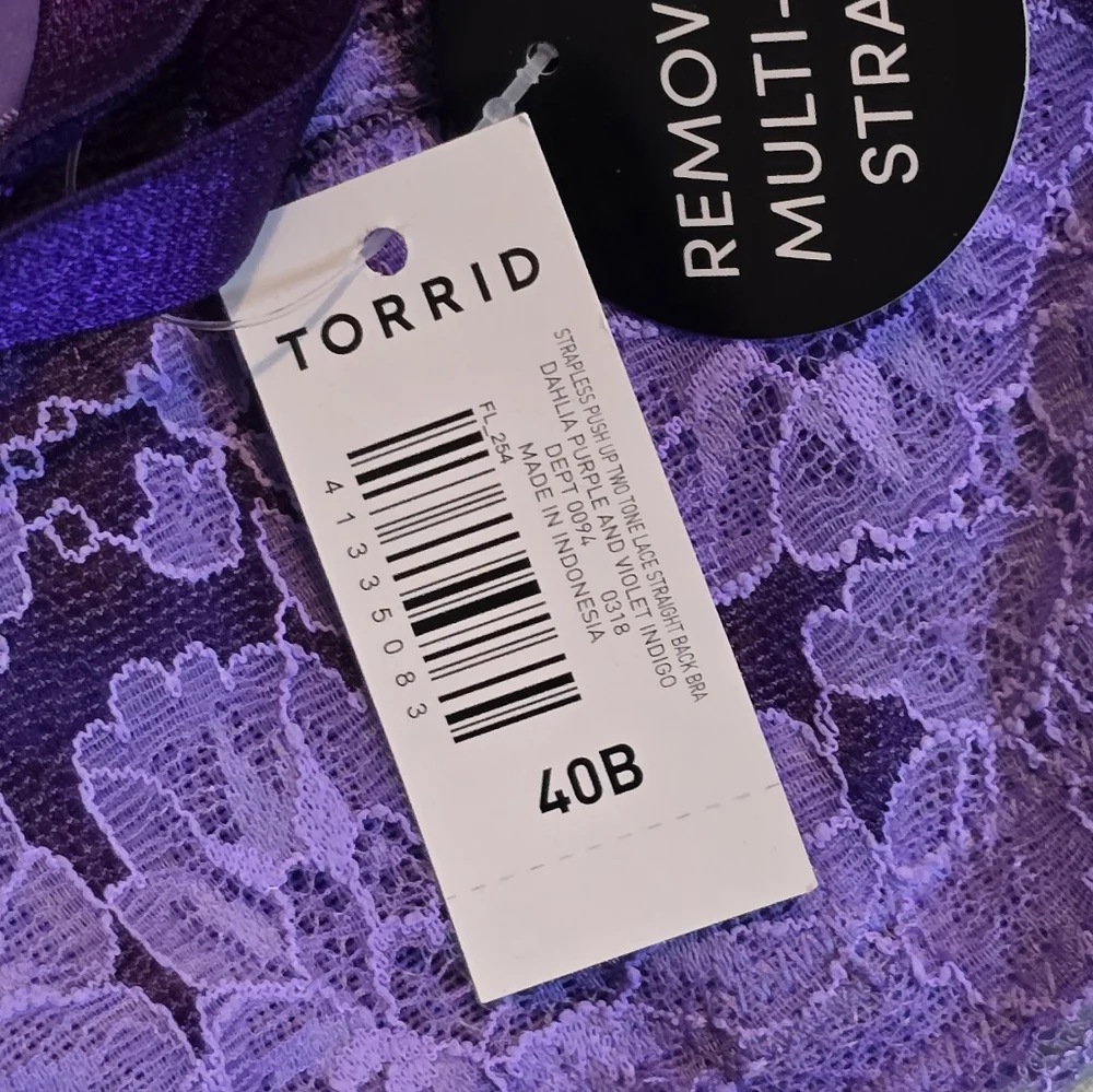 Torrid Strapless Padded Push-Up Bra Two Tone UW Lace Straight Back SZ 40B NWT - Picture 8 of 8
